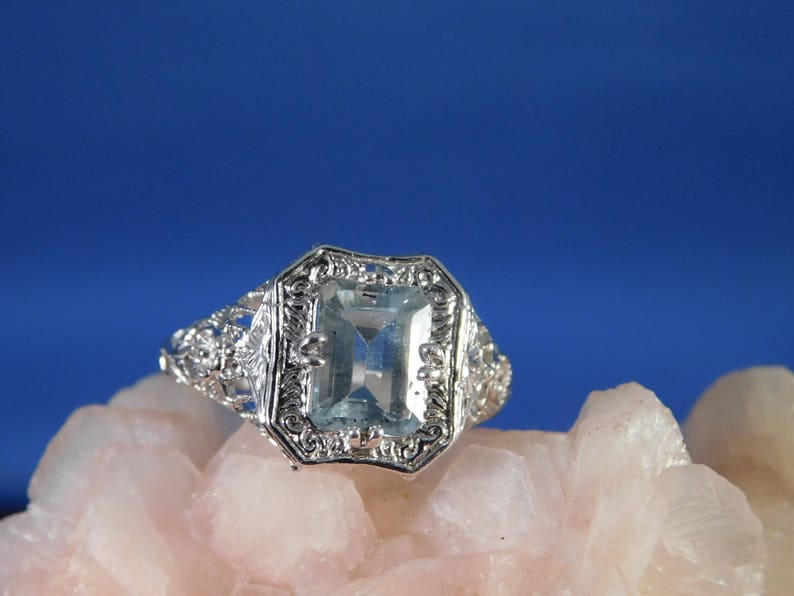 March Birthstone 1.47 ct. Emerald Cut Aquamarine 1920's Style Filigree Ring Sterling Silver image 1