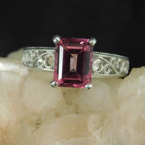 2.83 ct. Emerald Cut Pink Topaz Ring Art Deco Style Sterling Silver Filigree