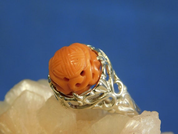 Antique 10.48 ct. Carved Pink Coral Ring Art Deco… - image 1