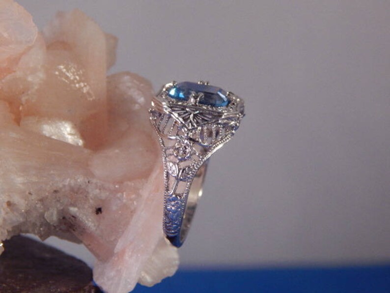 Vintage Style 1.86 Ct Emerald Cut Blue Topaz Filigree Sterling Silver Ring