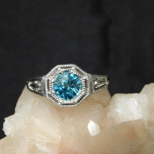0.95 ct. Cambodian Blue Zircon Ring Art Deco Style Filigree Sterling Silver