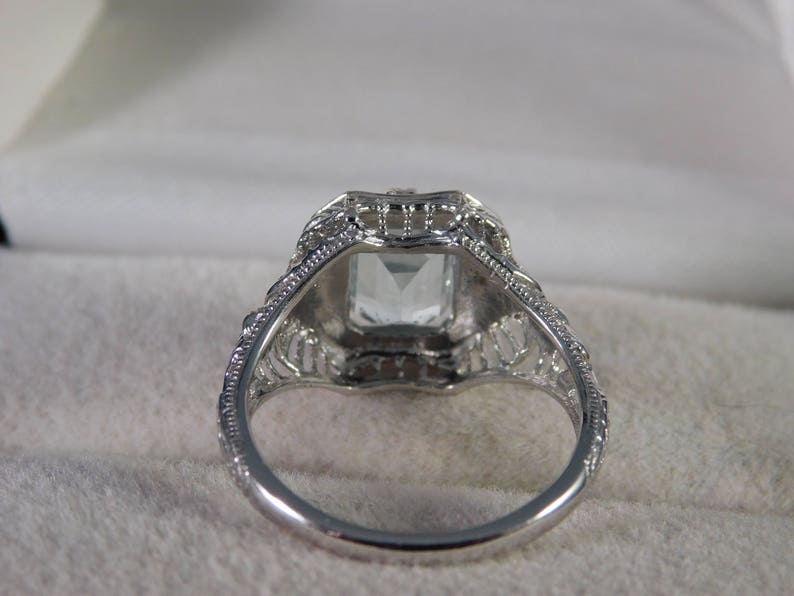 March Birthstone 1.47 ct. Emerald Cut Aquamarine 1920's Style Filigree Ring Sterling Silver image 8