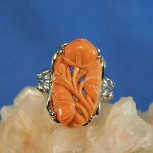 Huge 11.25 ct. Hand-Carved Pink Coral Floral Ring Art Deco Style Sterling Silver Filigree