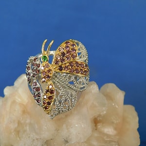 January Birthstone Emerald and Garnet Clustered Butterfly Ring Sterling Silver