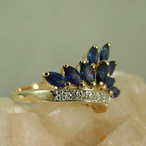 Vintage .90 ct. Marquise Sapphire and Diamond Spray Cluster Ring 10k Solid Yellow Gold