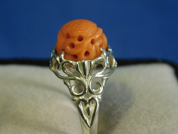 Antique 10.48 ct. Carved Pink Coral Ring Art Deco… - image 7