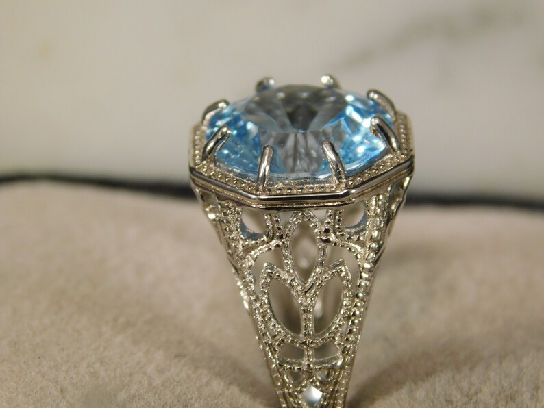 Round Laser Cut Blue Topaz Ring Art Deco Style Sterling Silver 6.32 ct