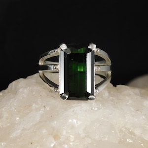 5.12 ct. Emerald Cut Green Tourmaline Ring Triple Split Shank Sterling Silver