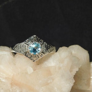0.94 ct. Round Cambodian Blue Zircon Art Deco Style Ring Sterling Silver