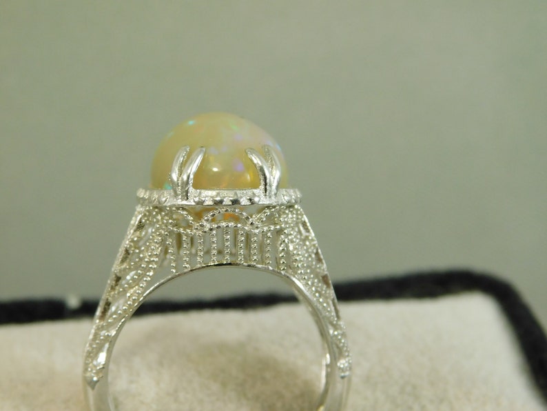 Oval Ethiopian Opal Ring Art Deco Style Sterling Sliver Filigree 5.28 ct