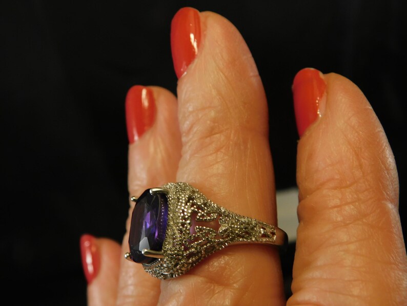 11.30 ct Cushion Synthetic Alexandrite Ring Art Deco Style Sterling Silver
