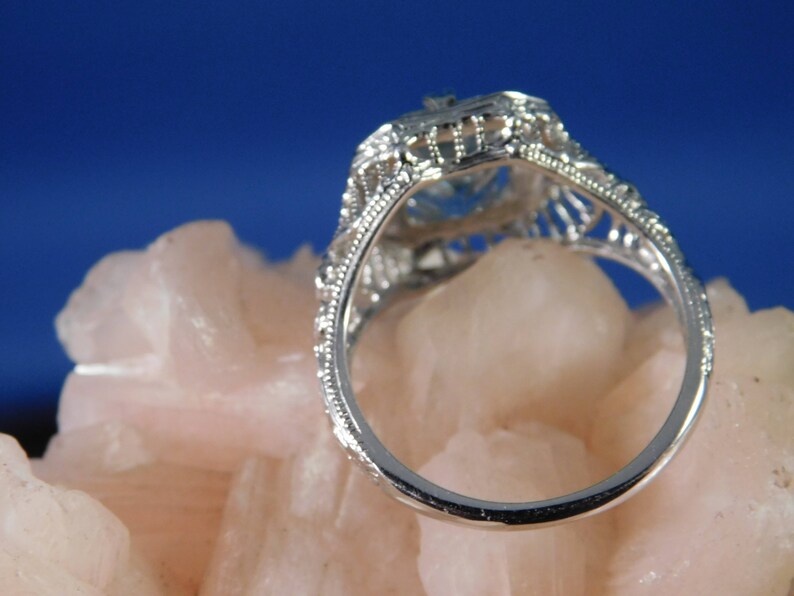 March Birthstone 1.47 ct. Emerald Cut Aquamarine 1920's Style Filigree Ring Sterling Silver image 4