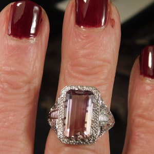 5.80 ct. Emerald Cut Ametrine Ring Art Deco Style Sterling Silver