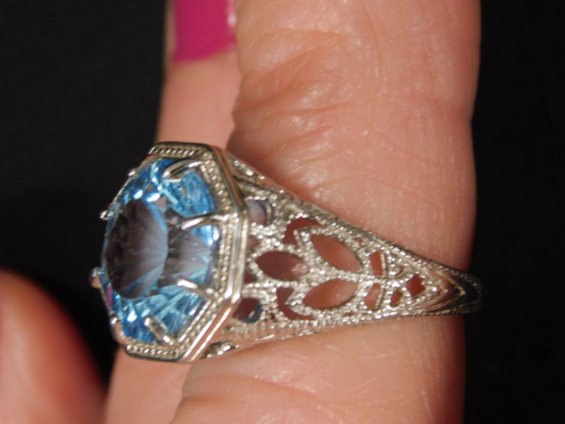 Round Laser Cut Blue Topaz Ring Art Deco Style Sterling Silver 6.32 ct