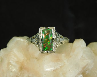 0.68 ct. Emerald Cut Cabochon Black Opal Art Deco Style Sterling Silver