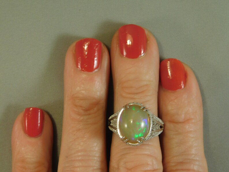 Oval Ethiopian Opal Ring Art Deco Style Sterling Sliver Filigree 5.28 ct