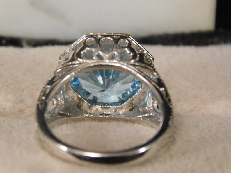 Round Laser Cut Blue Topaz Ring Art Deco Style Sterling Silver 6.32 ct