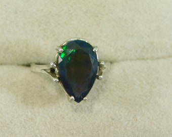 2.66 ct. Pear Faceted Black Opal Ring Simple Sterling Silver