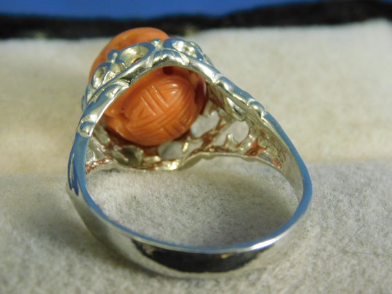 Antique 10.48 ct. Carved Pink Coral Ring Art Deco… - image 4