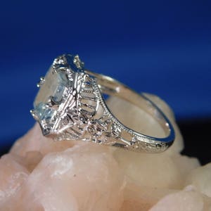 March Birthstone 1.47 ct. Emerald Cut Aquamarine 1920's Style Filigree Ring Sterling Silver image 3