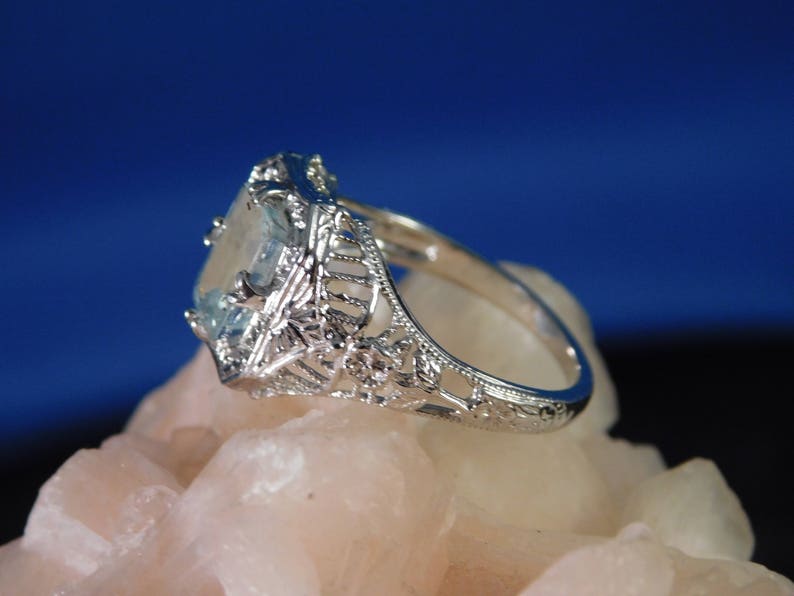 March Birthstone 1.47 ct. Emerald Cut Aquamarine 1920's Style Filigree Ring Sterling Silver image 3