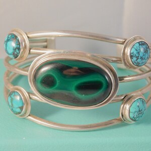 Oval Green Malachite and Turquoise Sterling Silver Cuff Bracelet