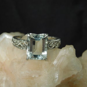 2.47 ct. Untreated Emerald Cut (IF) Aquamarine Ring Art Deco Style Sterling Silver Filigree