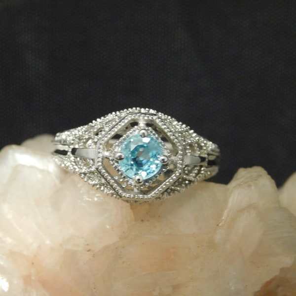 1.00 ct. Round Blue Zircon Art Deco Style Ring Sterling Silver