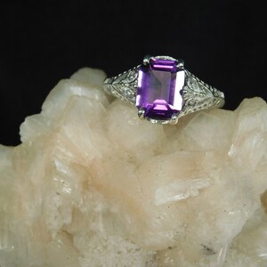 February Birthstone 1.92 ct. Emerald Cut Amethyst 1920&#39;s Style Filigree Sterling Silver