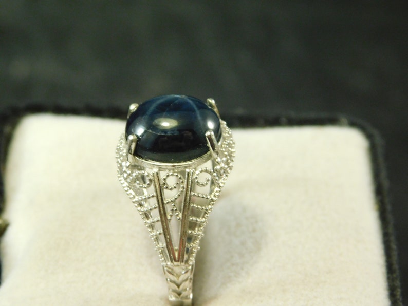 Huge 6.82 ct Distinct Oval Black Star Sapphire Ring Art Deco Style Sterling Silver