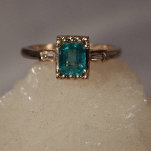 May Birthstone Ladies .61 Ct. Emerald Cut Columbian Emerald and Diamond Baguette Ring 14K Solid Yellow Gold image 1