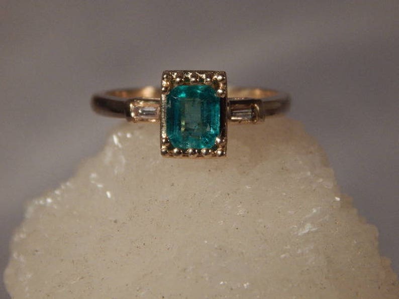 May Birthstone Ladies .61 Ct. Emerald Cut Columbian Emerald and Diamond Baguette Ring 14K Solid Yellow Gold image 1