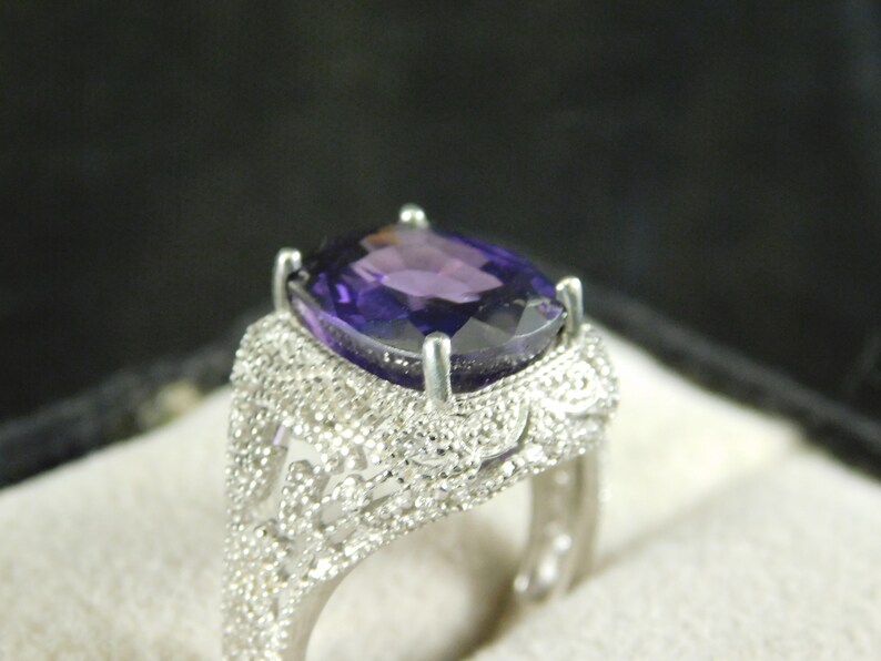 11.30 ct Cushion Synthetic Alexandrite Ring Art Deco Style Sterling Silver