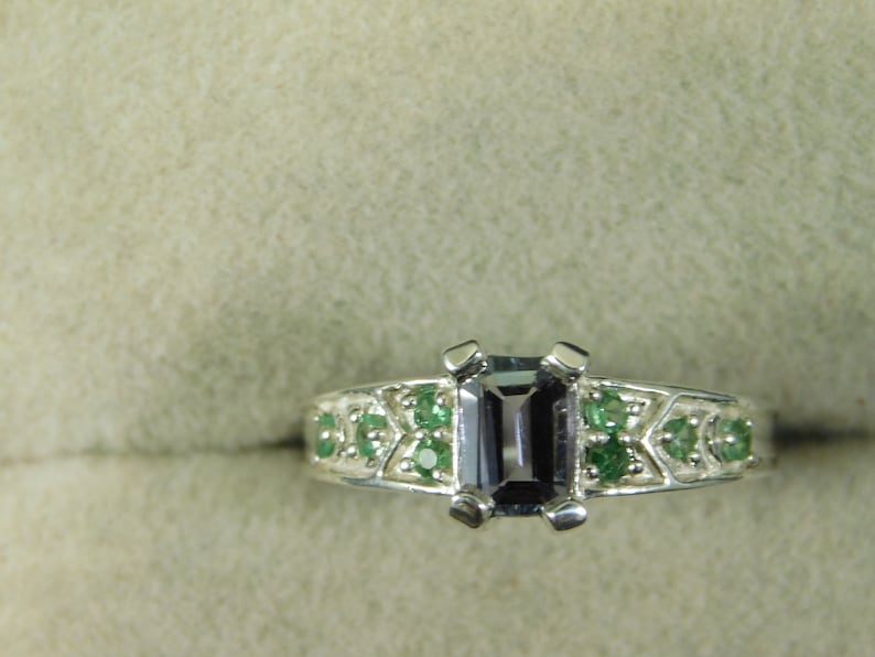 Emerald Cut Tanzanite and Tsavorite Garnet Ring Sterling Silver January Birthstone Custom .66 ct