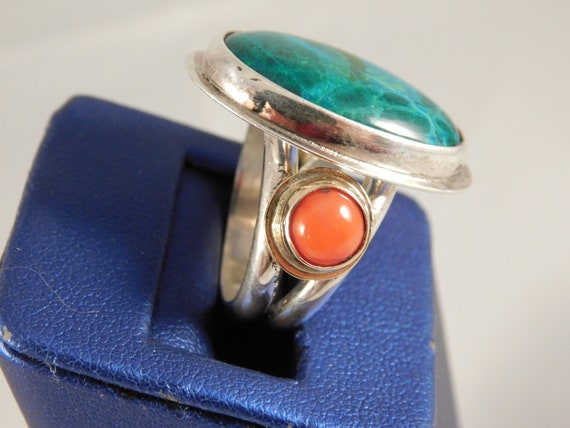 Custom Oval Chrysocolla and Red Coral Sterling Si… - image 3