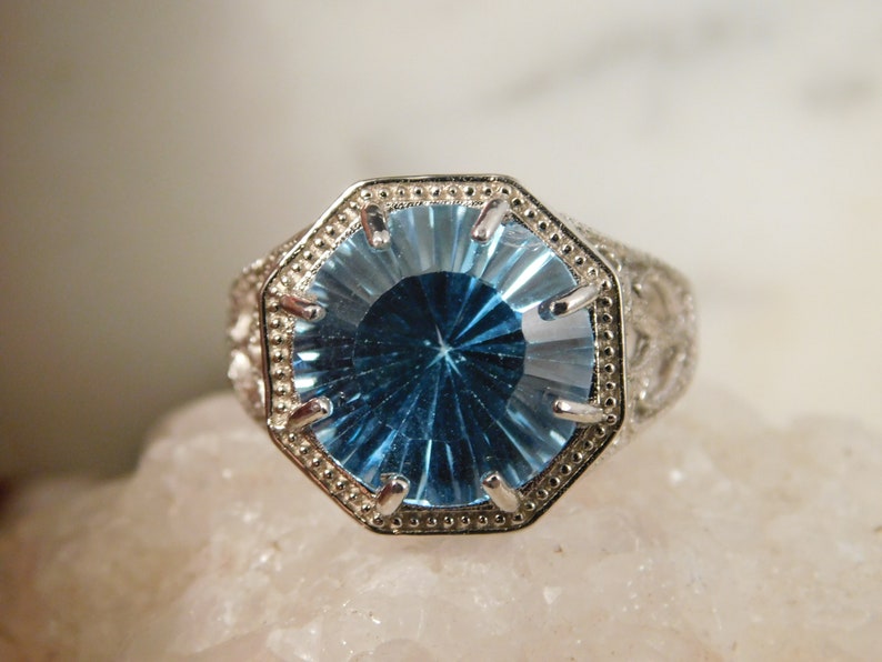 Round Laser Cut Blue Topaz Ring Art Deco Style Sterling Silver 6.32 ct