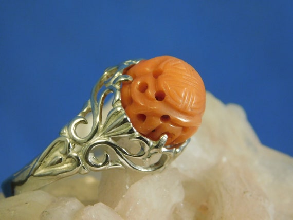 Antique 10.48 ct. Carved Pink Coral Ring Art Deco… - image 3