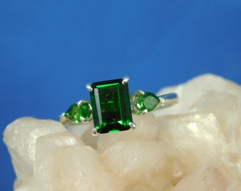 1.44 ct. Emerald Cut Tourmaline and Chrome Diopside Sterling Silver Three-Stone Ring