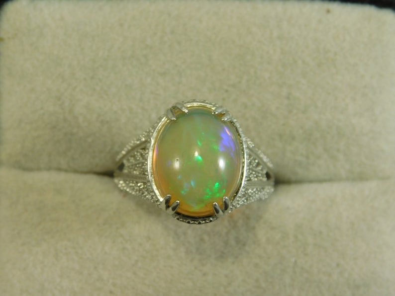 Oval Ethiopian Opal Ring Art Deco Style Sterling Sliver Filigree 5.28 ct