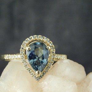1.34 Ct. Pear Aquamarine Santa Maria Mine and Diamond Halo Style 14K Solid Yellow Gold Ring