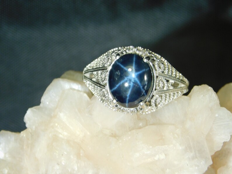 Huge 6.82 ct Distinct Oval Black Star Sapphire Ring Art Deco Style Sterling Silver