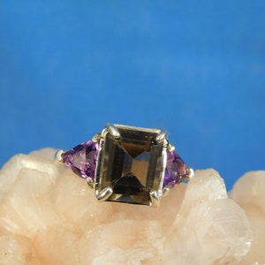 February birthstone 3.84 ct. Emerald Cut Smoky Quartz and Trillion Amethyst Three-Stone Ring Sterling Silver