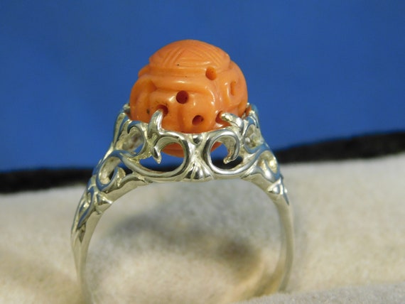 Antique 10.48 ct. Carved Pink Coral Ring Art Deco… - image 5