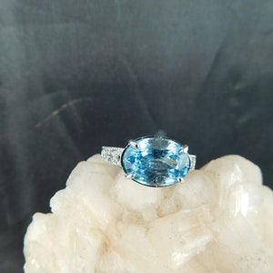 3.88 ct. Oval Cambodian Blue Zircon Ring Art Deco Style Sterling Silver Filigree