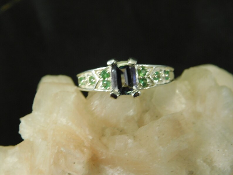 Emerald Cut Tanzanite and Tsavorite Garnet Ring Sterling Silver January Birthstone Custom .66 ct