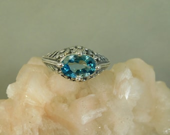 3.74 ct. Blue Oval Zircon Ring Floral Art Deco Style Sterling Silver