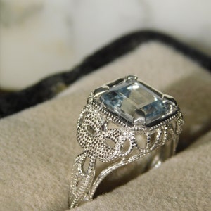 4.58 ct. Emerald Cut Aquamarine Ring 1920's Style Sterling Silver Filigree