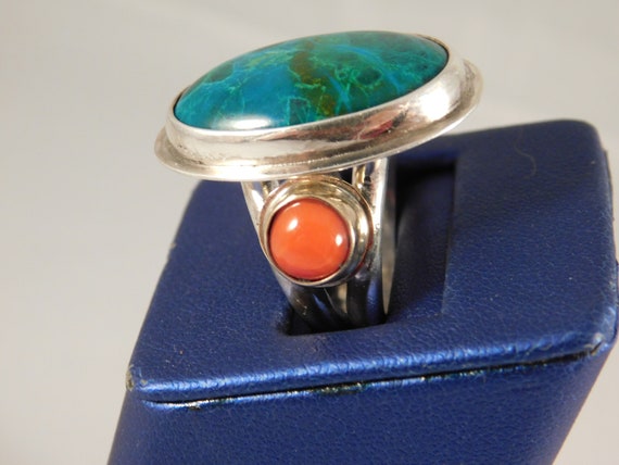 Custom Oval Chrysocolla and Red Coral Sterling Si… - image 2