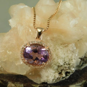 February birthstone 3.48 ct. Oval Amethyst and White Topaz Pendant Rose Gold Plate over Sterling Silver