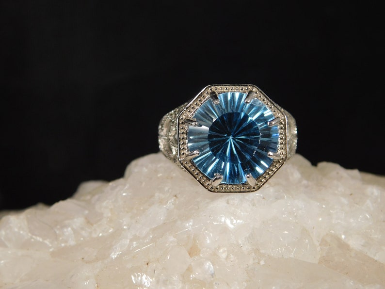 Round Laser Cut Blue Topaz Ring Art Deco Style Sterling Silver 6.32 ct